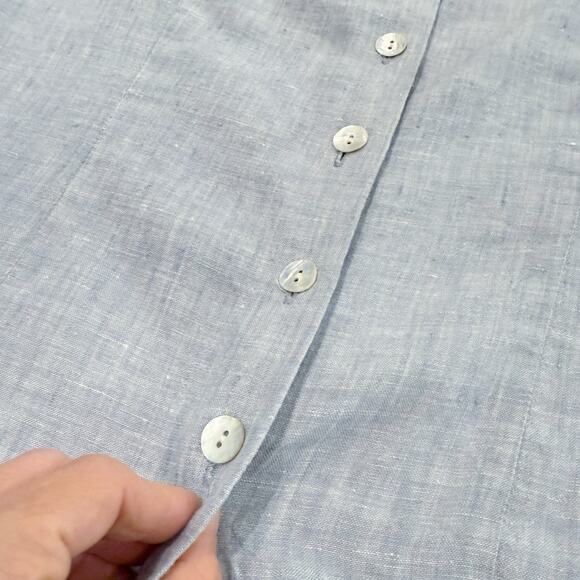 Vintage 90s Square Neck Tank Top Size 40 Large Blue 100% Linen Back Button Close - Picture 7 of 16